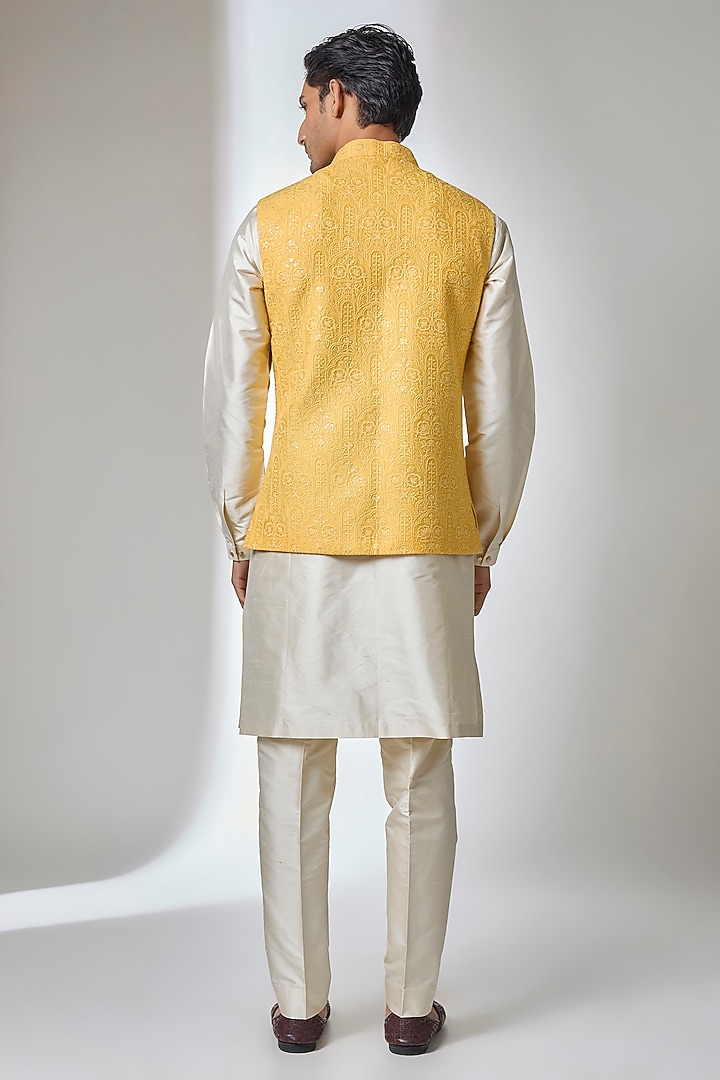 Yellow Silk Chanderi Thread Embellished Nehru Jacket Set by SALIL BHATIA at Pernia's Pop Up Shop
