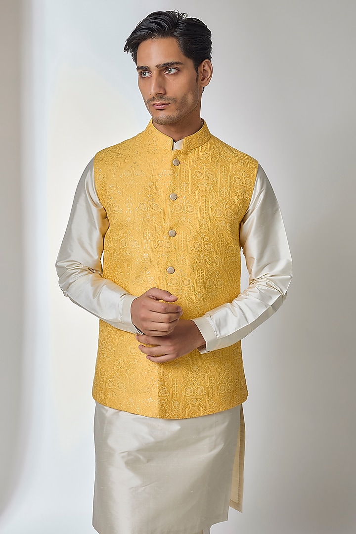 Yellow Silk Chanderi Thread Embellished Nehru Jacket Set by SALIL BHATIA at Pernia's Pop Up Shop
