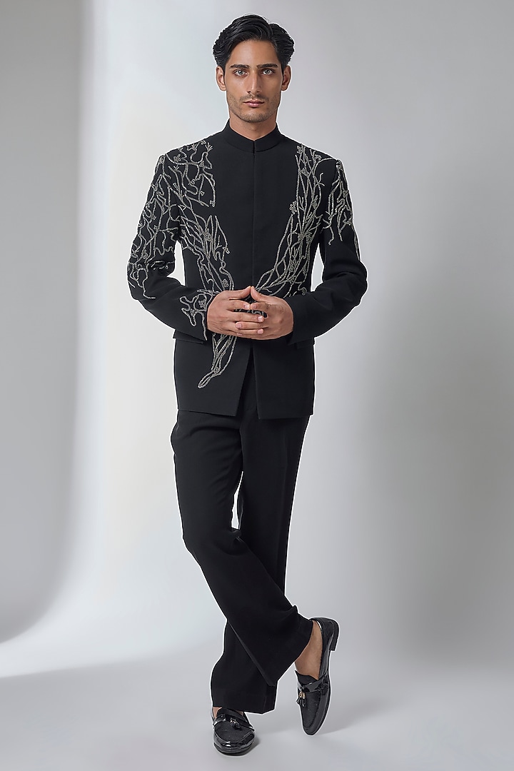 Black Japanese Fabric Hand Embroidered Groom Bandhgala Set by SALIL BHATIA at Pernia's Pop Up Shop