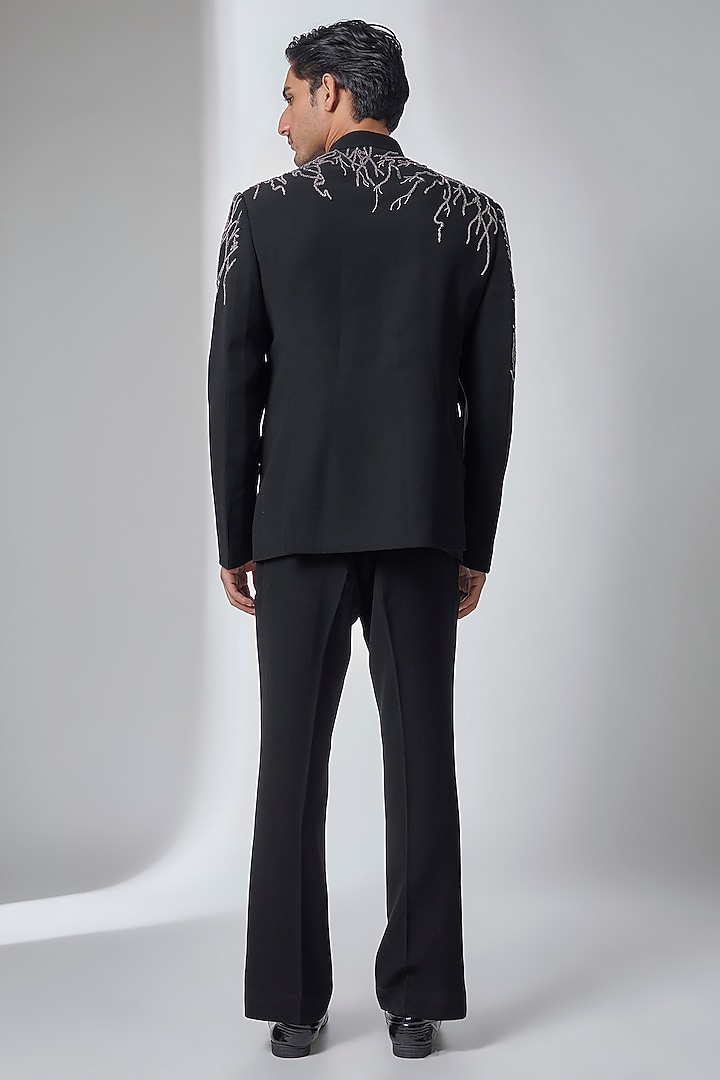 Black Japanese Fabric Hand Embroidered Groom Bandhgala Set by SALIL BHATIA at Pernia's Pop Up Shop