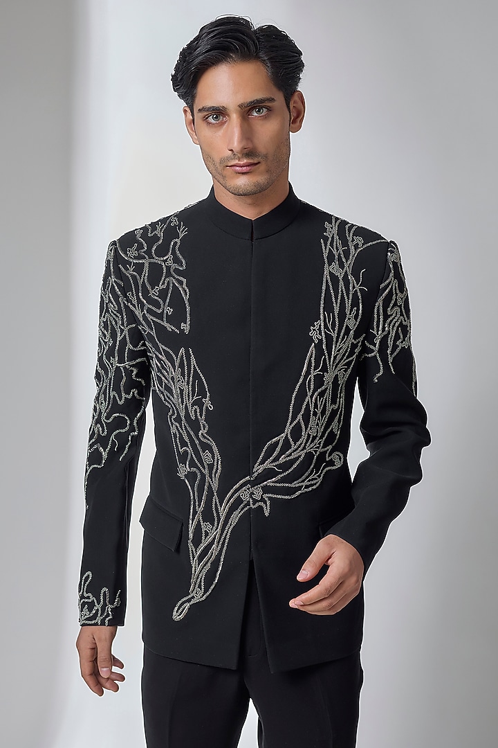 Black Japanese Fabric Hand Embroidered Groom Bandhgala Set by SALIL BHATIA at Pernia's Pop Up Shop