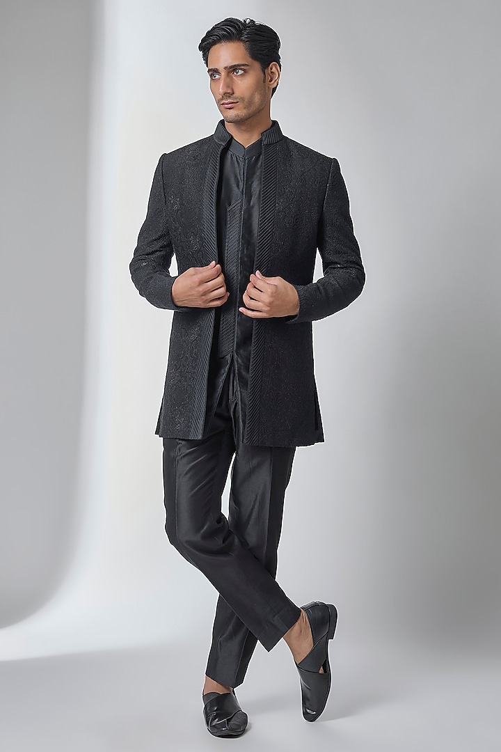 Black Dola Silk Sequin Embellished Wedding Indowestern Jacket Set by SALIL BHATIA at Pernia's Pop Up Shop
