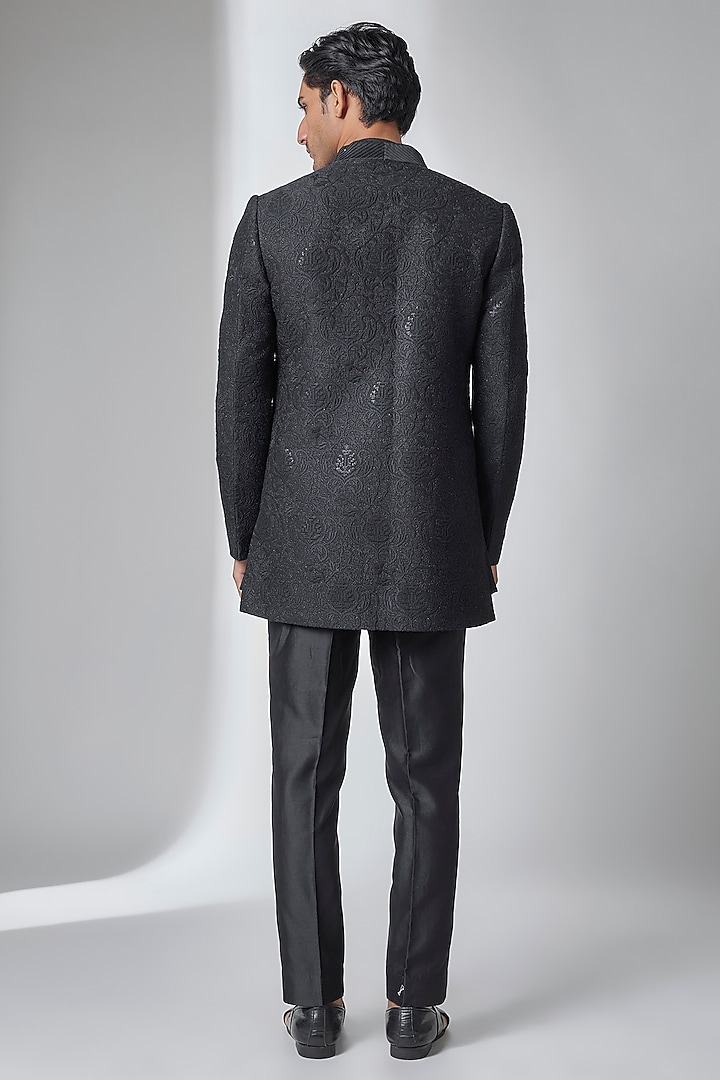 Black Dola Silk Sequin Embellished Wedding Indowestern Jacket Set by SALIL BHATIA at Pernia's Pop Up Shop