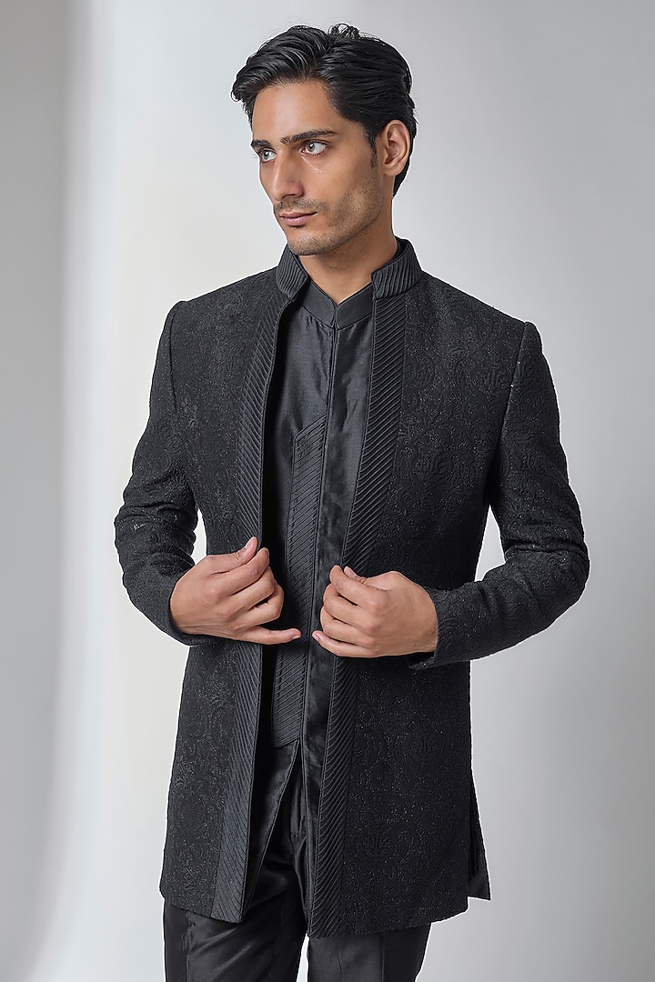 Black Dola Silk Sequin Embellished Wedding Indowestern Jacket Set by SALIL BHATIA at Pernia's Pop Up Shop