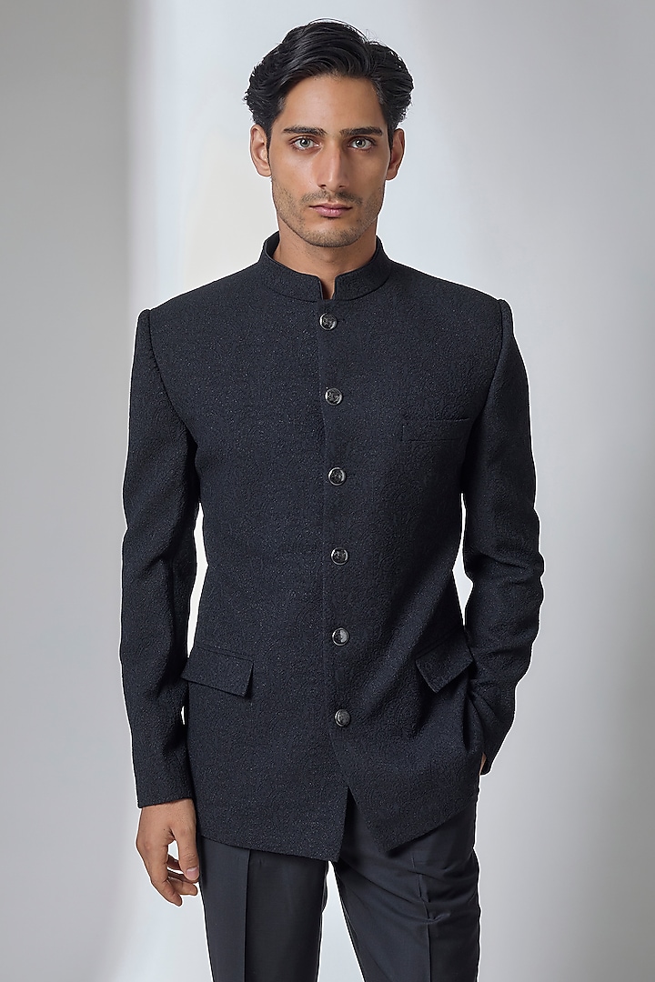 Black-Blue Jacquard Wedding Bandhgala by SALIL BHATIA at Pernia's Pop Up Shop
