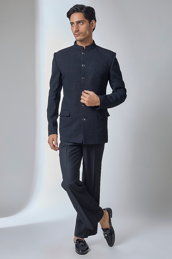 Black-Blue Jacquard Wedding Bandhgala by SALIL BHATIA at Pernia's Pop Up Shop