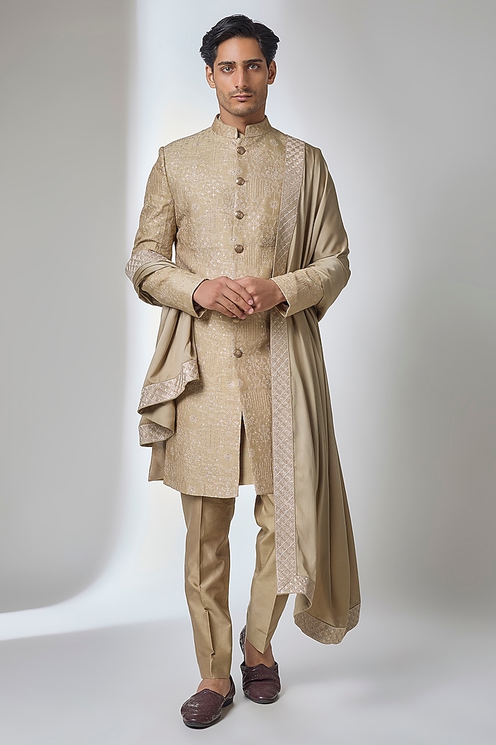 Gold Dola Silk Sequin Work Groom Sherwani Set by SALIL BHATIA at Pernia's Pop Up Shop