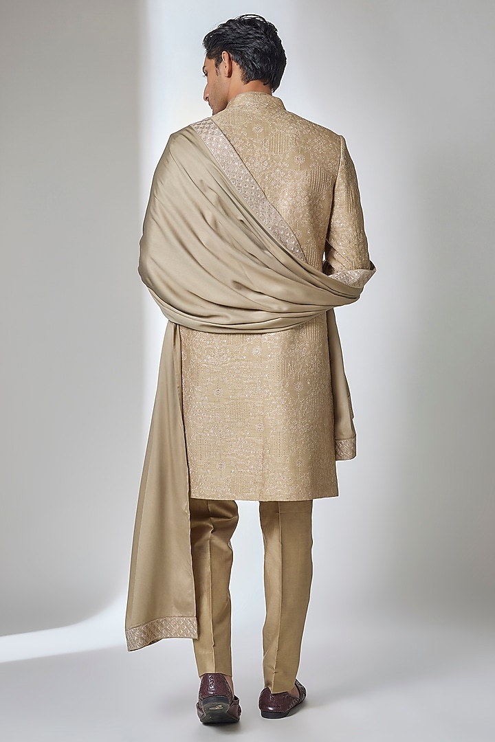 Gold Dola Silk Sequin Work Groom Sherwani Set by SALIL BHATIA at Pernia's Pop Up Shop