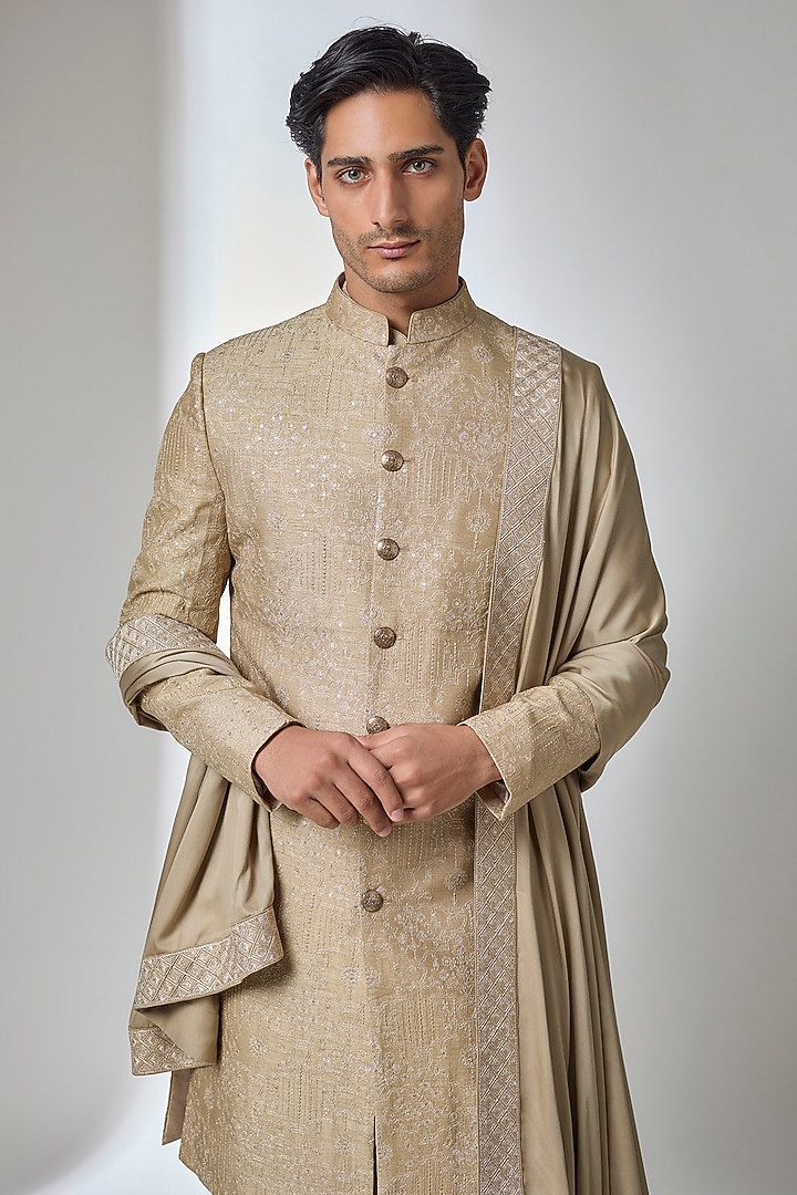 Gold Dola Silk Sequin Work Groom Sherwani Set by SALIL BHATIA at Pernia's Pop Up Shop