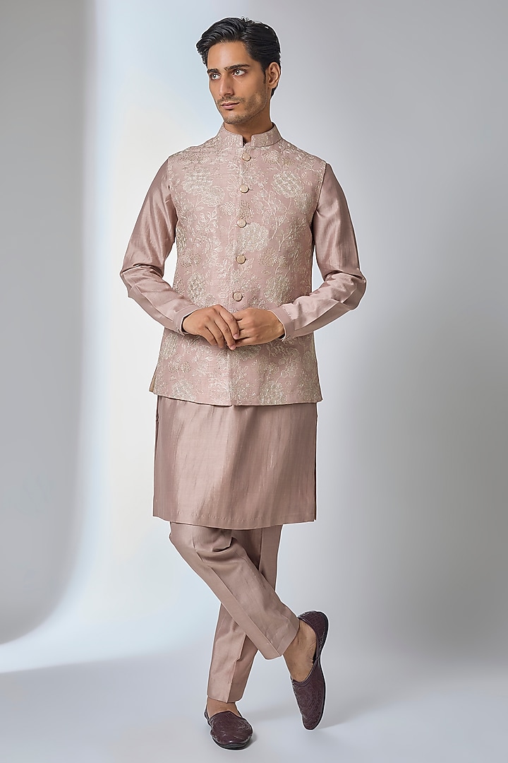 Dusty Pink Dola Silk Embellished Nehru Jacket Set by SALIL BHATIA at Pernia's Pop Up Shop