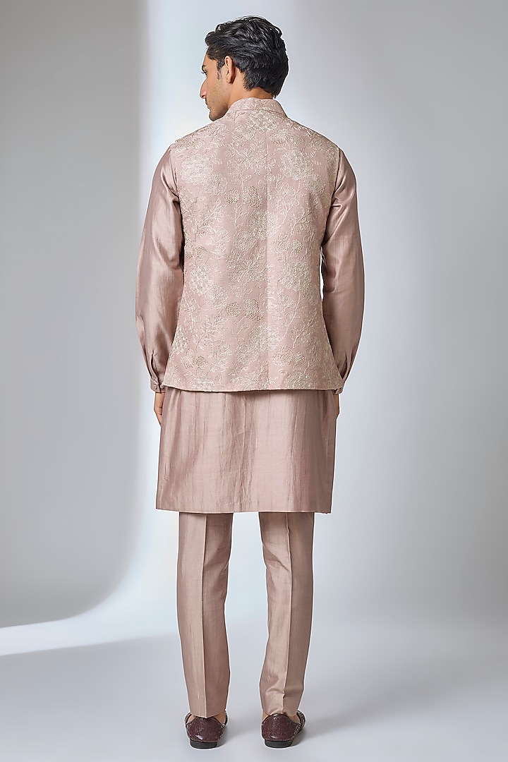 Dusty Pink Dola Silk Embellished Nehru Jacket Set by SALIL BHATIA at Pernia's Pop Up Shop