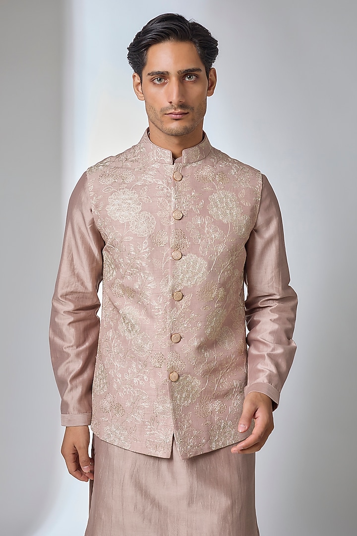 Dusty Pink Dola Silk Embellished Nehru Jacket Set by SALIL BHATIA at Pernia's Pop Up Shop