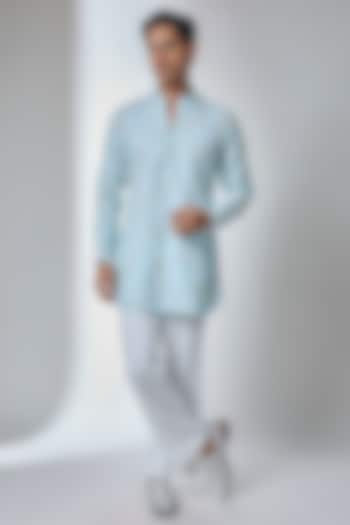 Ice Blue Cotton Linen Cutdana Embellished Kurta Set by SALIL BHATIA at Pernia's Pop Up Shop