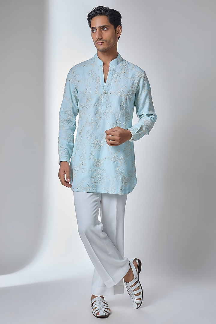 Ice Blue Cotton Linen Cutdana Embellished Kurta Set by SALIL BHATIA at Pernia's Pop Up Shop