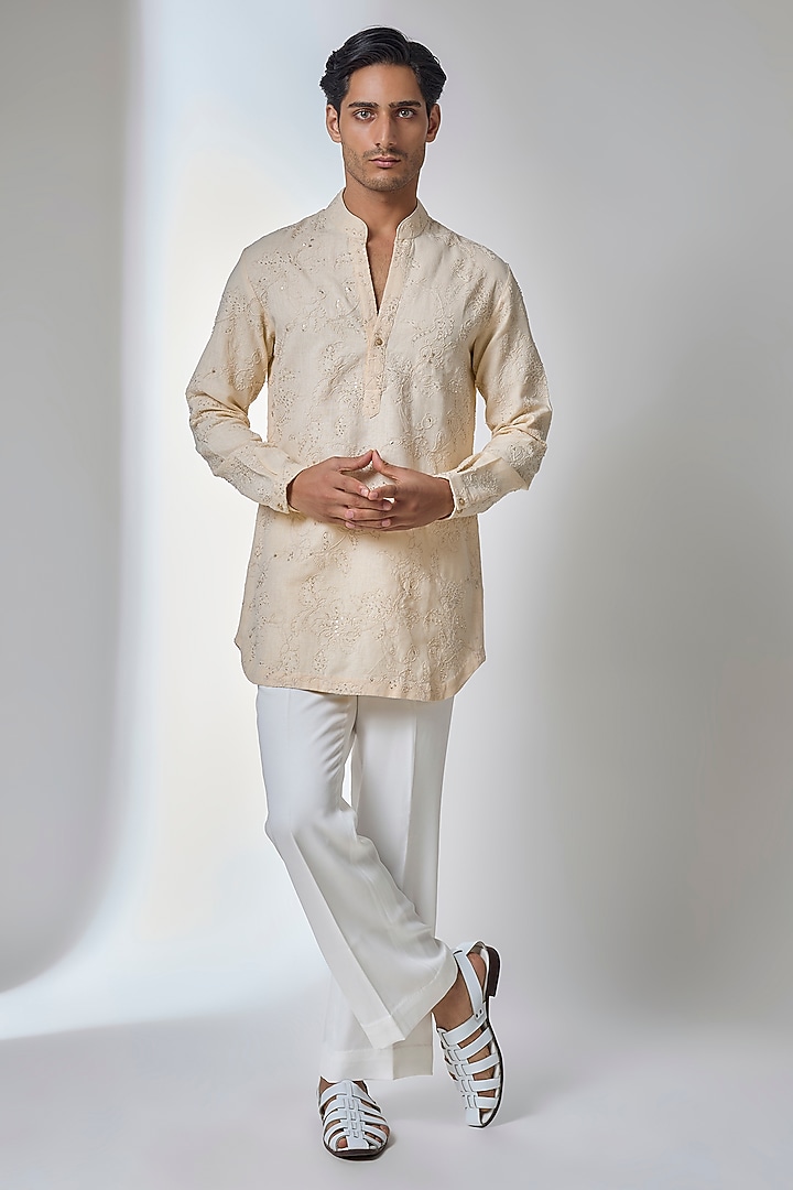 Beige Cotton Linen Cutdana Embellished Kurta Set by SALIL BHATIA at Pernia's Pop Up Shop