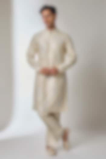 Beige Raw Silk Thread Embroidered Kurta Set by SALIL BHATIA at Pernia's Pop Up Shop