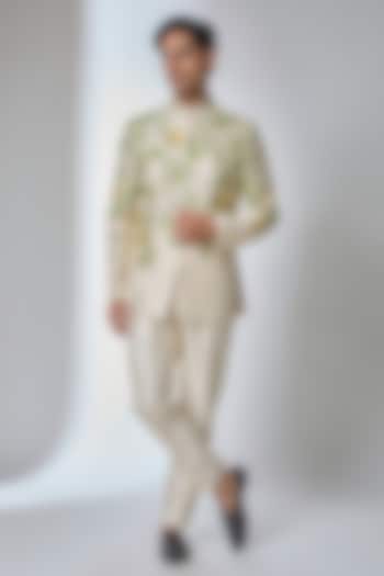 Beige Raw Silk Thread Embroidered Wedding Bandhgala Set by SALIL BHATIA at Pernia's Pop Up Shop