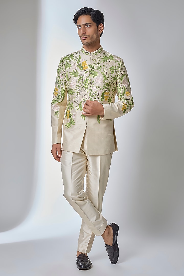 Beige Raw Silk Thread Embroidered Wedding Bandhgala Set by SALIL BHATIA at Pernia's Pop Up Shop