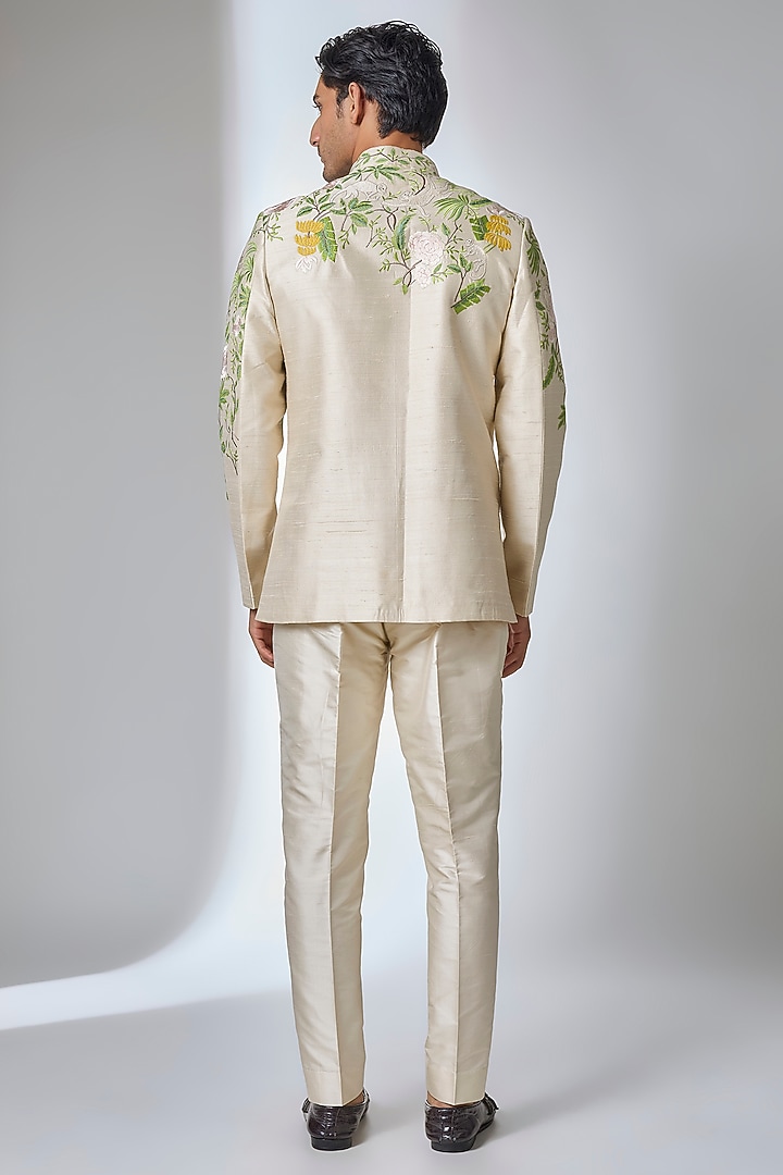 Beige Raw Silk Thread Embroidered Wedding Bandhgala Set by SALIL BHATIA at Pernia's Pop Up Shop