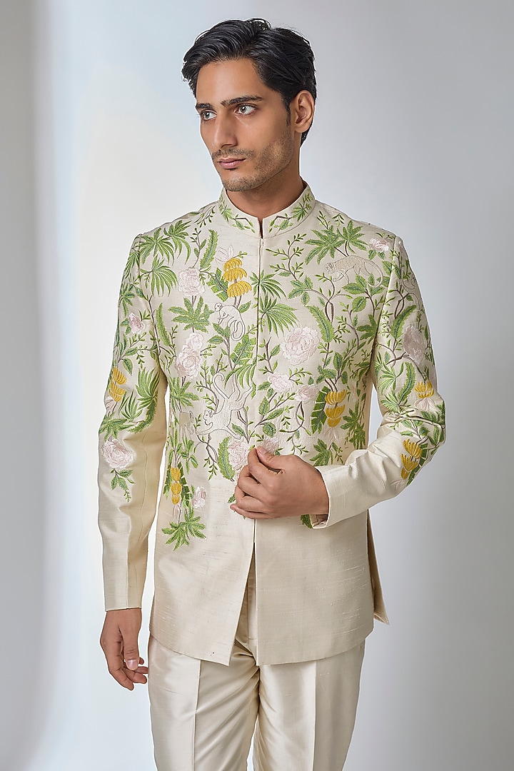 Beige Raw Silk Thread Embroidered Wedding Bandhgala Set by SALIL BHATIA at Pernia's Pop Up Shop