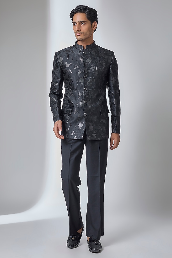 Black Jacquard Wedding Bandhgala by SALIL BHATIA at Pernia's Pop Up Shop