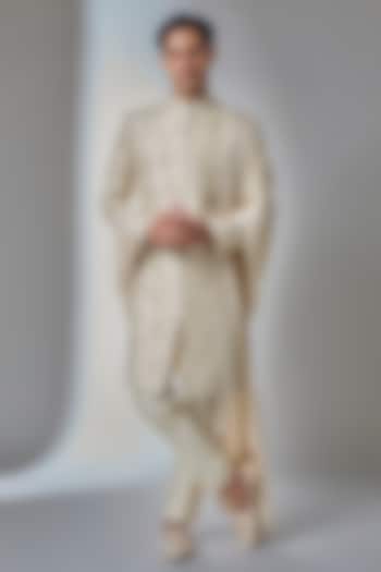 Ivory Beige Raw Silk Sequins Embroidered Groom Sherwani Set by SALIL BHATIA at Pernia's Pop Up Shop