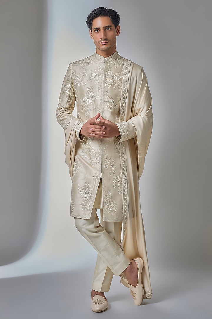 Ivory Beige Raw Silk Sequins Embroidered Groom Sherwani Set by SALIL BHATIA at Pernia's Pop Up Shop