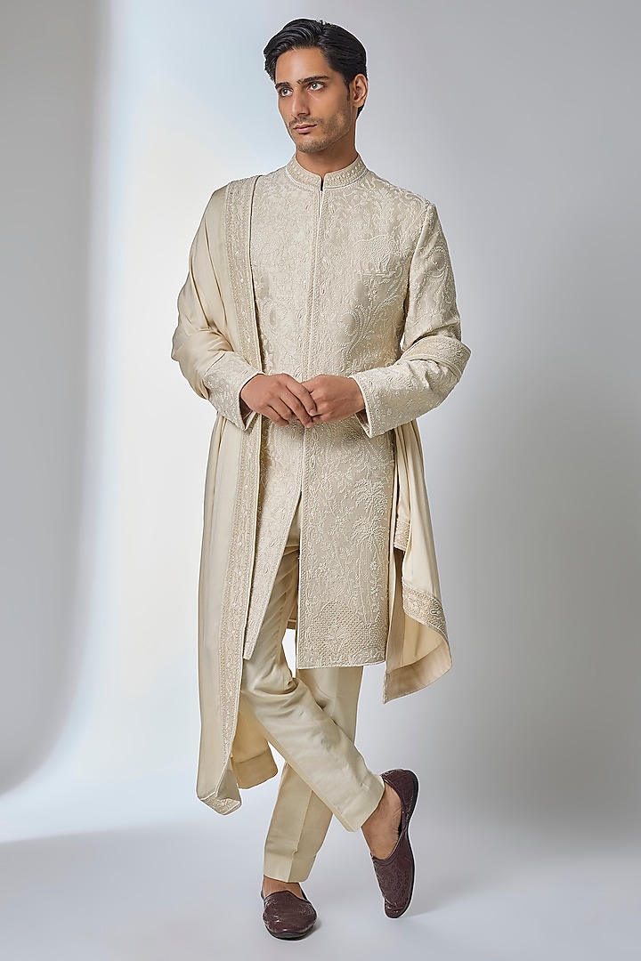 Beige Raw Silk Hand Embroidered Groom Sherwani Set by SALIL BHATIA at Pernia's Pop Up Shop
