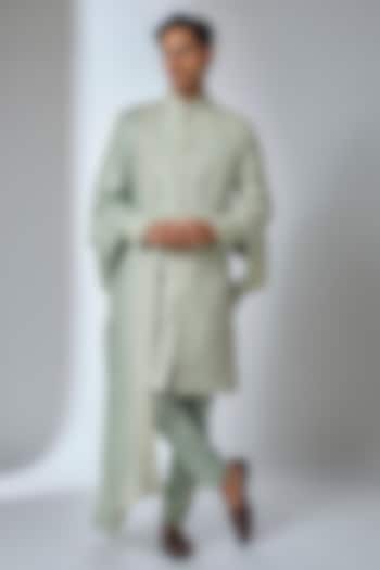 Green Silk Chanderi Threadwork Groom Sherwani Set by SALIL BHATIA at Pernia's Pop Up Shop