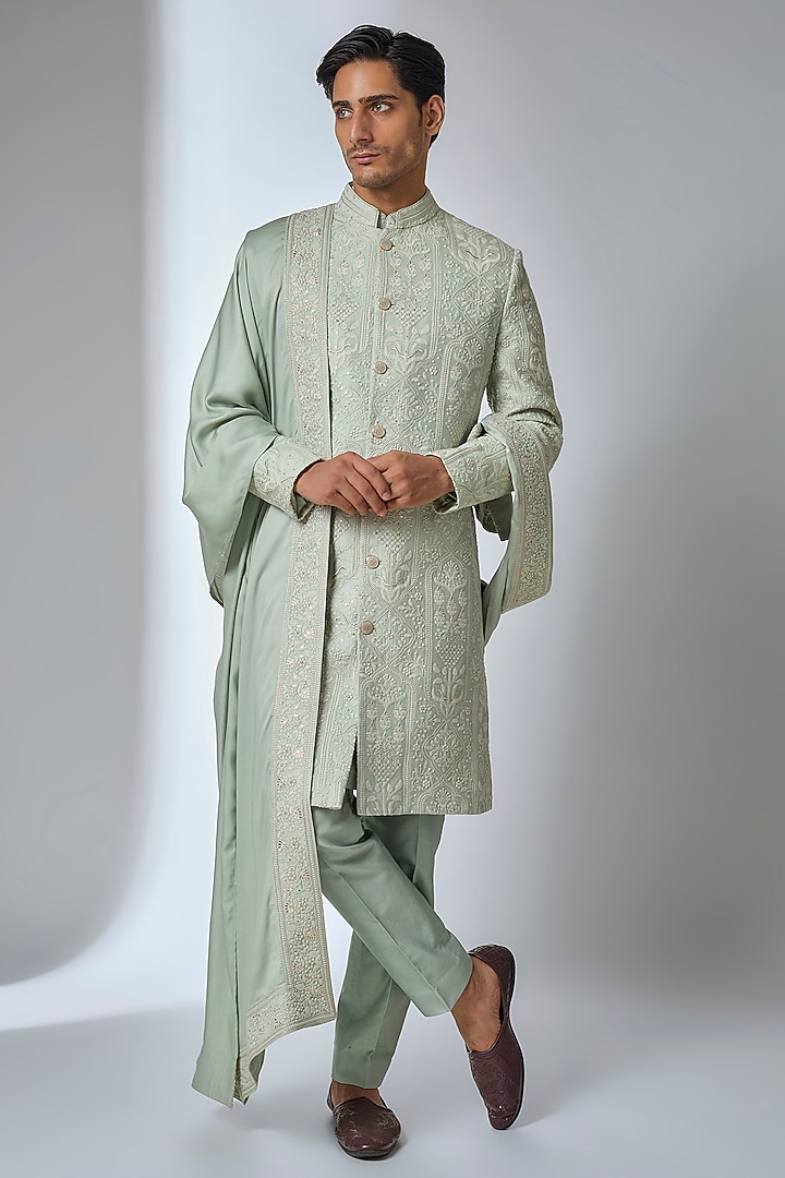 Green Silk Chanderi Threadwork Groom Sherwani Set by SALIL BHATIA at Pernia's Pop Up Shop