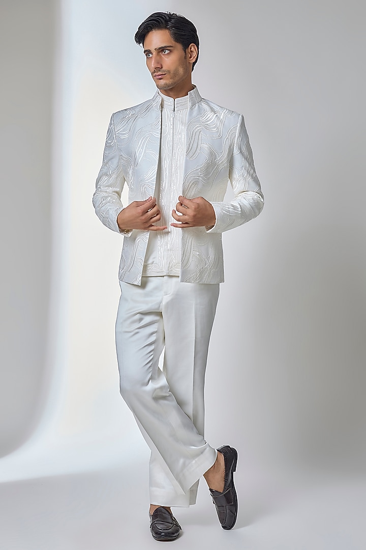 Ivory Dola Silk Thread Embellished Wedding Indowestern Set by SALIL BHATIA at Pernia's Pop Up Shop