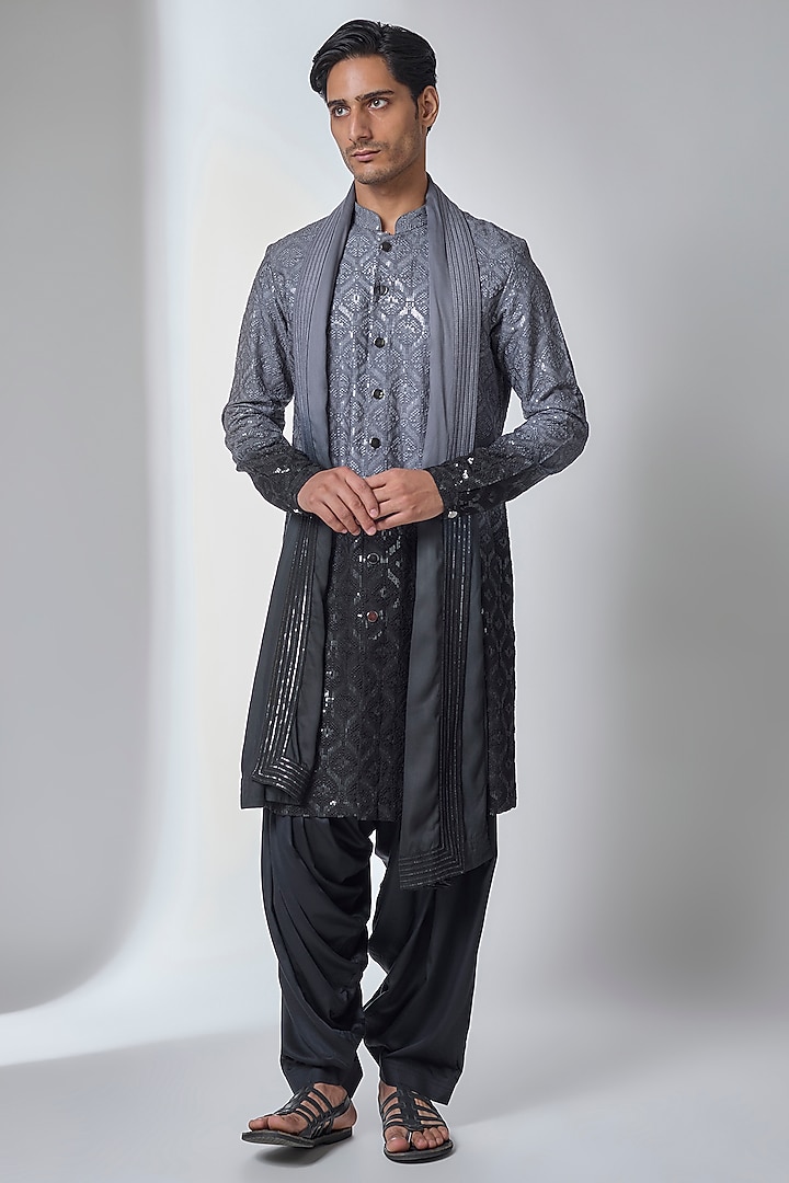 Grey-Black Ombre Dola Silk Thread Embellished Kurta Set by SALIL BHATIA at Pernia's Pop Up Shop