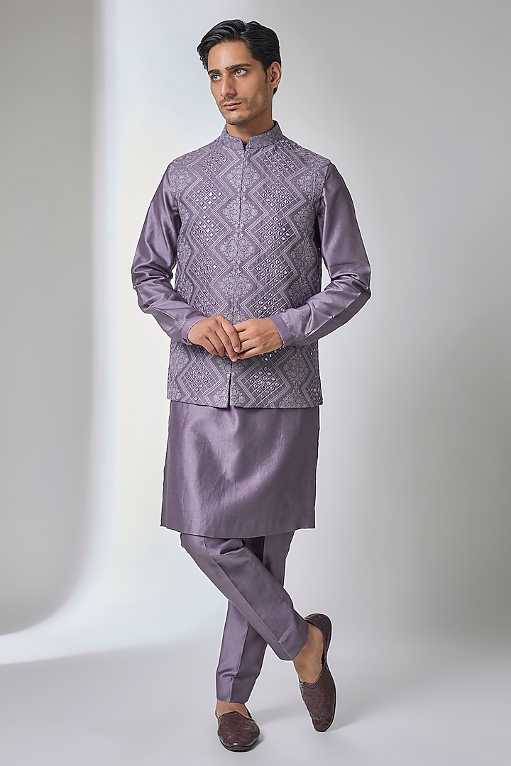 Plum Dola Silk Thread Work Nehru Jacket Set by SALIL BHATIA at Pernia's Pop Up Shop
