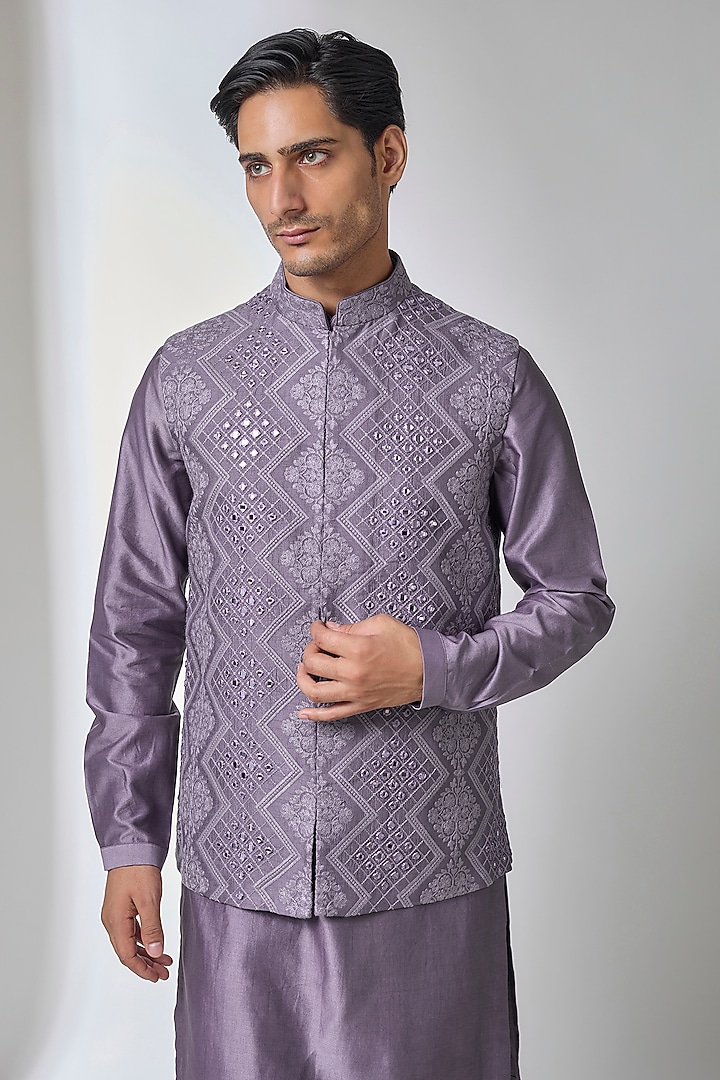 Plum Dola Silk Thread Work Nehru Jacket Set by SALIL BHATIA at Pernia's Pop Up Shop