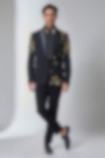 Black Japanese Fabric Hand Embroidered Tuxedo Set by SALIL BHATIA at Pernia's Pop Up Shop