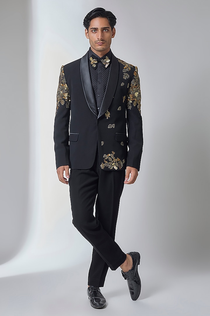 Black Japanese Fabric Hand Embroidered Tuxedo Set by SALIL BHATIA at Pernia's Pop Up Shop