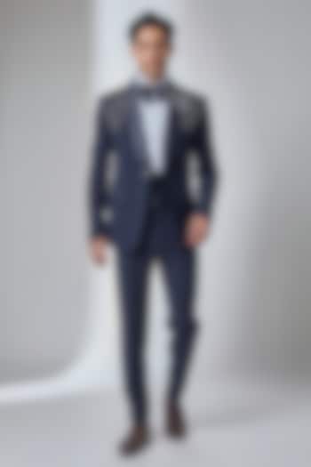 Navy Japanese Fabric Hand Embroidered Tuxedo Set by SALIL BHATIA at Pernia's Pop Up Shop