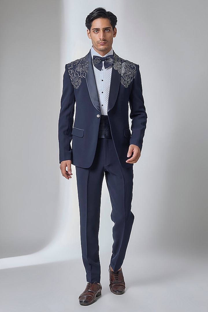 Navy Japanese Fabric Hand Embroidered Tuxedo Set by SALIL BHATIA at Pernia's Pop Up Shop