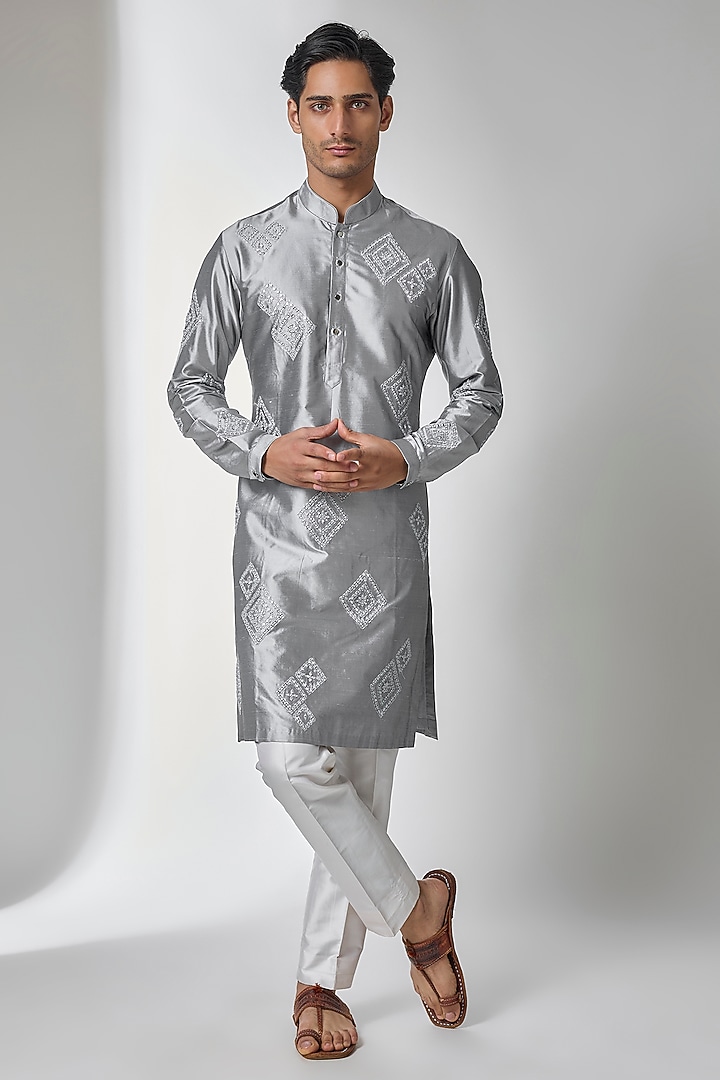 Grey Pure Silk Mirror Work Kurta Set by SALIL BHATIA at Pernia's Pop Up Shop
