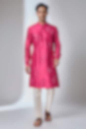 Hot Pink Pure Silk Mirror Work Kurta Set by SALIL BHATIA at Pernia's Pop Up Shop