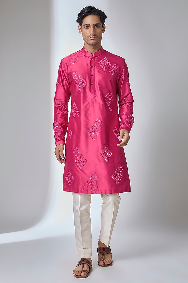 Hot Pink Pure Silk Mirror Work Kurta Set by SALIL BHATIA at Pernia's Pop Up Shop