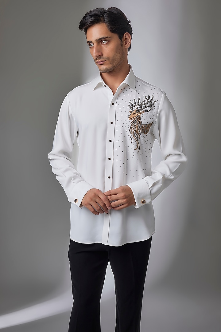 White Japanese Fabric Hand Embroidered Wedding Shirt by SALIL BHATIA at Pernia's Pop Up Shop