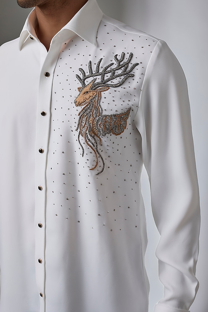 White Japanese Fabric Hand Embroidered Wedding Shirt by SALIL BHATIA at Pernia's Pop Up Shop