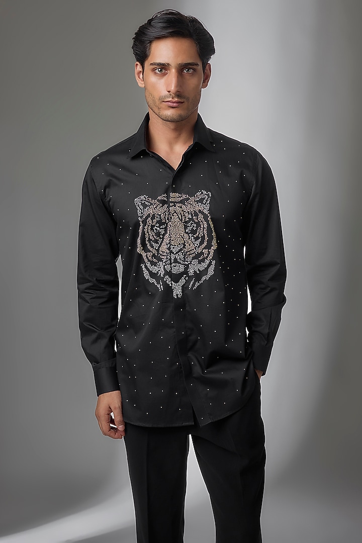 Black Giza Cotton Tiger Embellished Party Wear Shirt by SALIL BHATIA at Pernia's Pop Up Shop