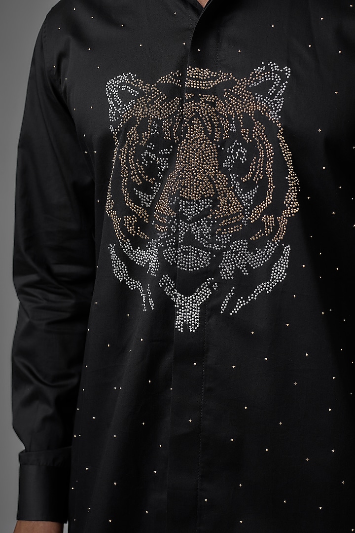Black Giza Cotton Tiger Embellished Party Wear Shirt by SALIL BHATIA at Pernia's Pop Up Shop