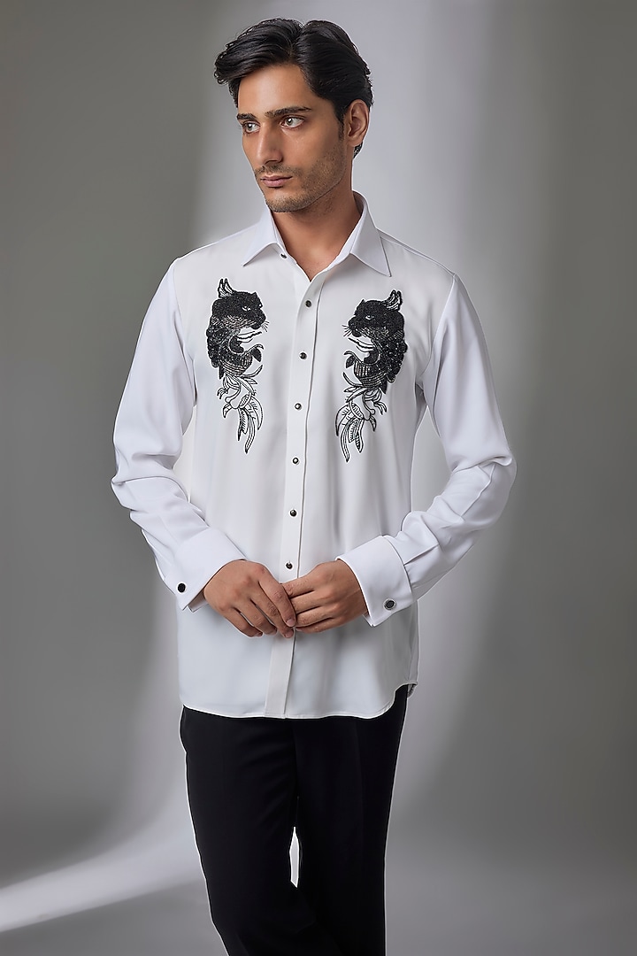 White Japanese Fabric Hand Embroidered Wedding Shirt by SALIL BHATIA at Pernia's Pop Up Shop