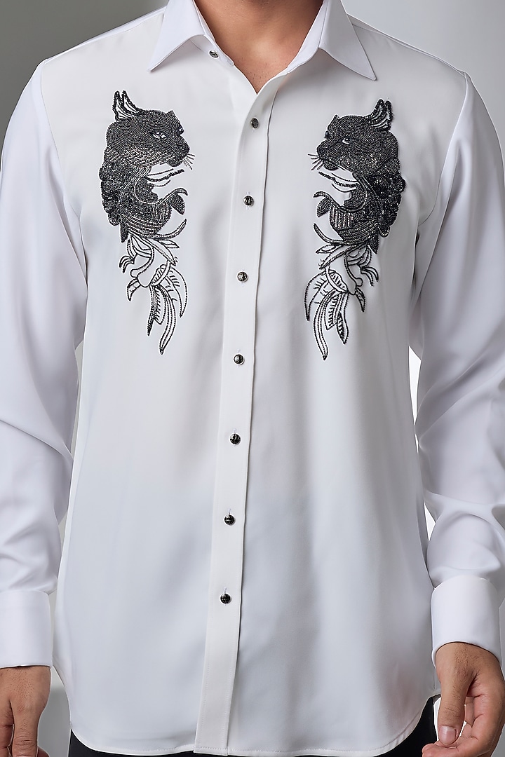 White Japanese Fabric Hand Embroidered Wedding Shirt by SALIL BHATIA at Pernia's Pop Up Shop