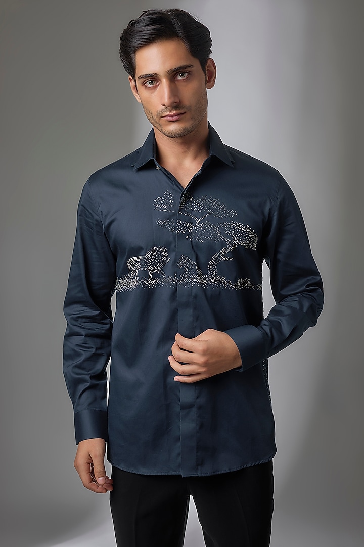 Navy Blue Giza Cotton Embellished Party Wear Shirt by SALIL BHATIA at Pernia's Pop Up Shop