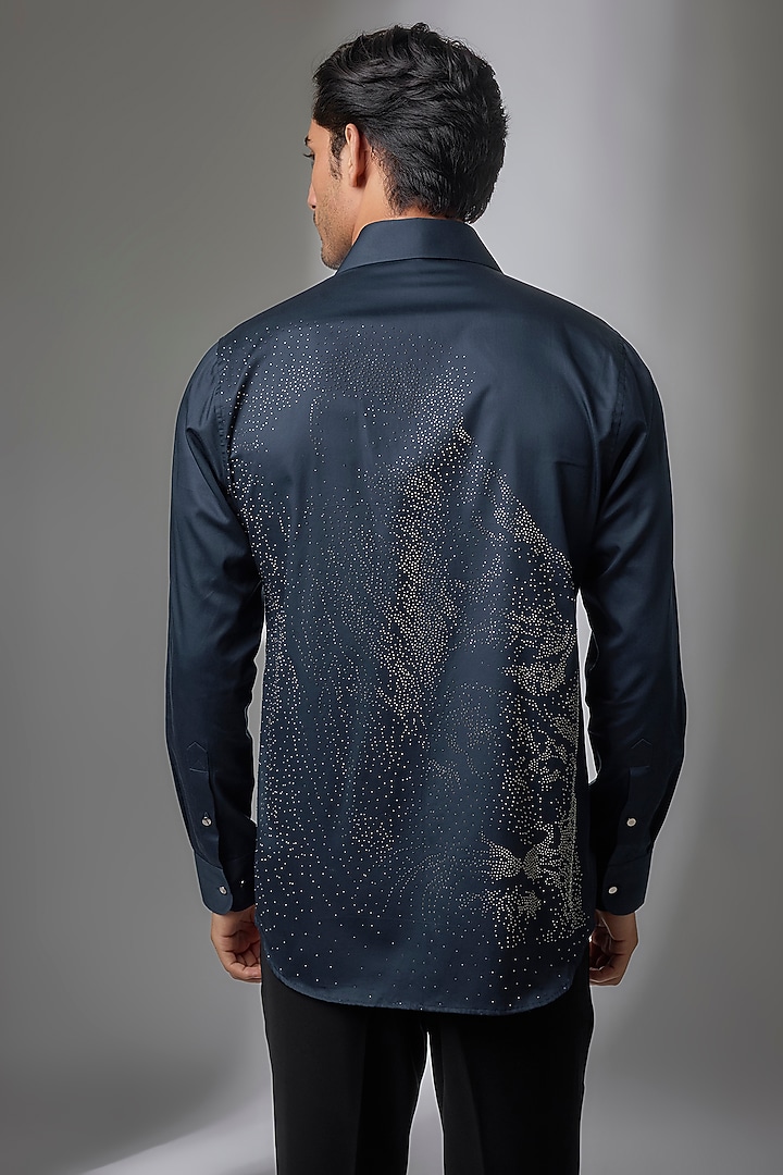 Navy Blue Giza Cotton Embellished Party Wear Shirt by SALIL BHATIA at Pernia's Pop Up Shop