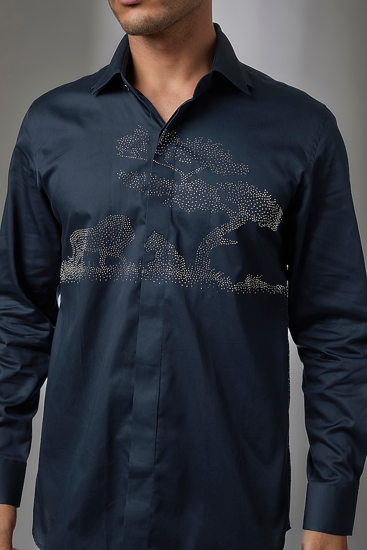 Navy Blue Giza Cotton Embellished Party Wear Shirt by SALIL BHATIA at Pernia's Pop Up Shop